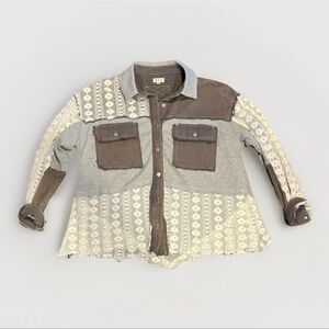 POL Oversized Contrast Lace Crochet Button Down Shirt Women’s Boho Casual Top